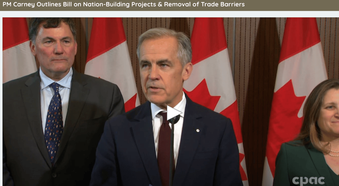 Mark Carney in front of a row of Canadian flags.